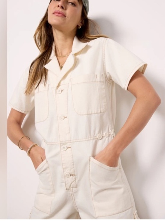 pistola Pants - Pistola Parker Short Sleeve Field Suit Romper in Ecru Size Large NWOT